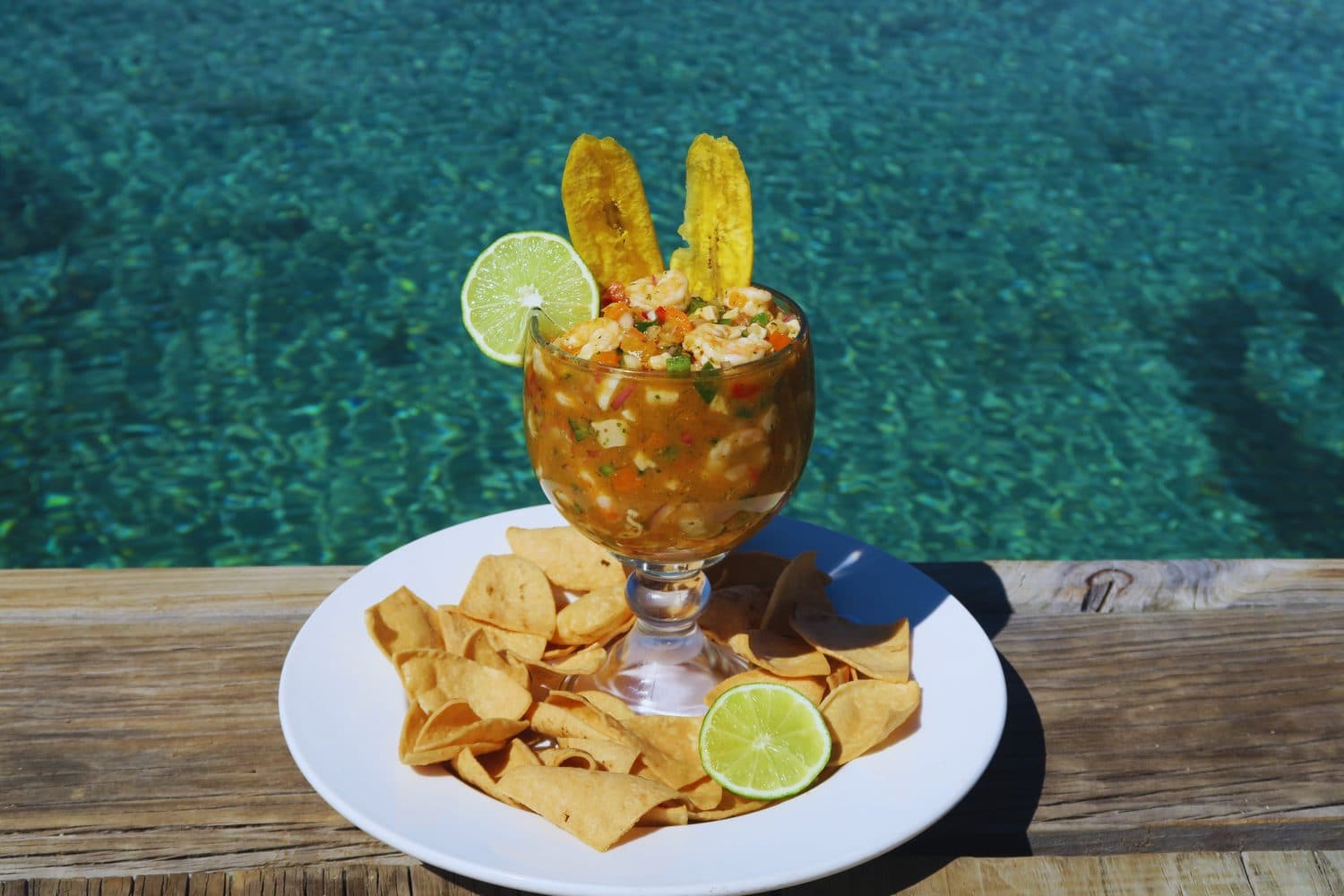 Fresh ceviche with plantain chips above turquoise water