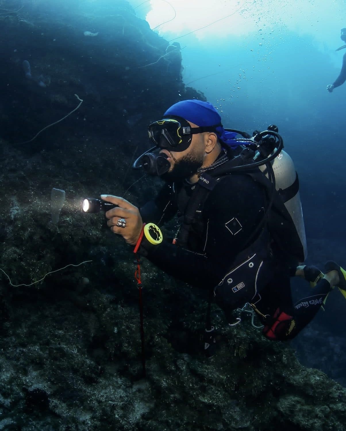 A diver lighting up the reef wall with a torch
