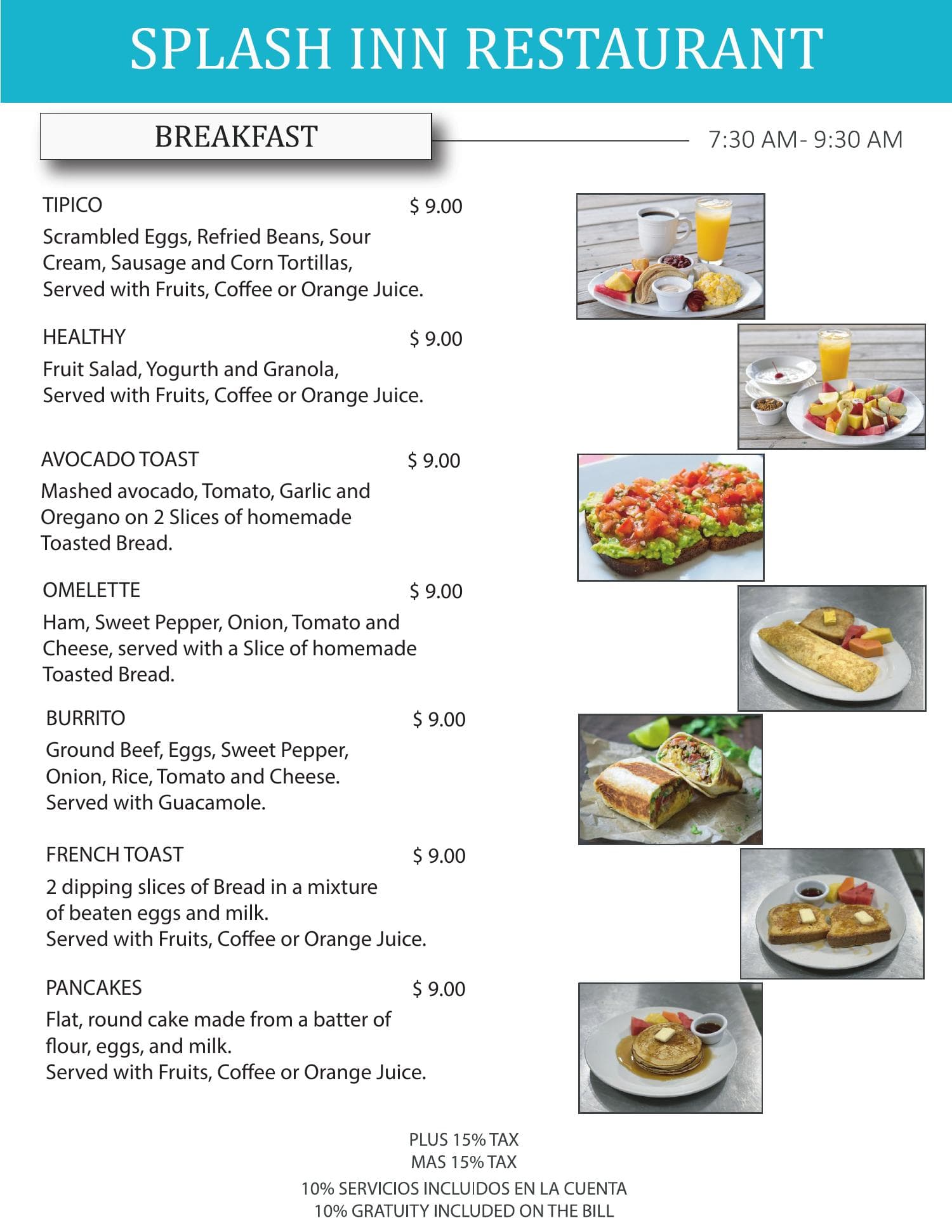 Splash Inn Breakfast menu