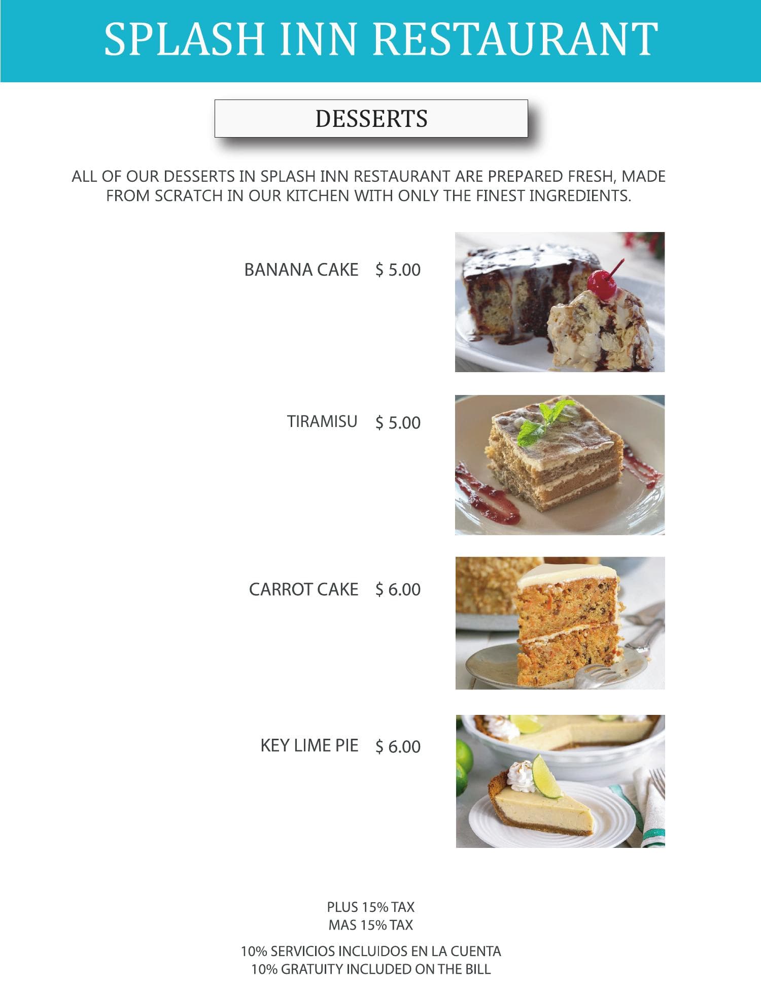 Splash Inn Desserts menu