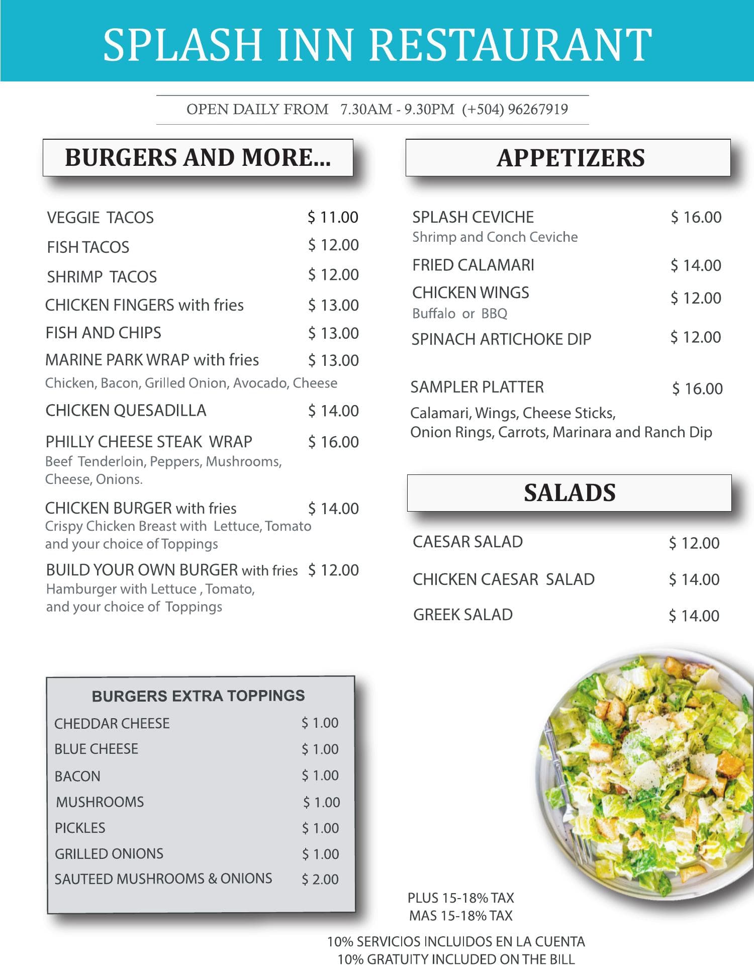 Splash Inn Burgers, Appetizers & Salads menu