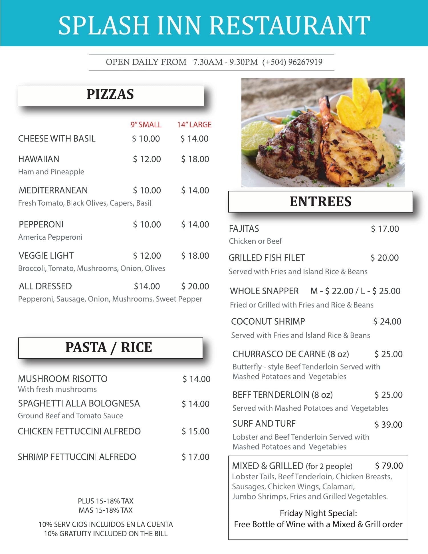 Splash Inn Pizza, Pasta & Entrées menu